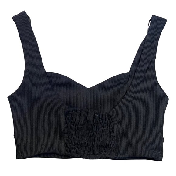 Black Ribbed Cropped Tank Top By Mable Sweetheart Neckline Smocked Back Panel-S - Picture 4 of 5